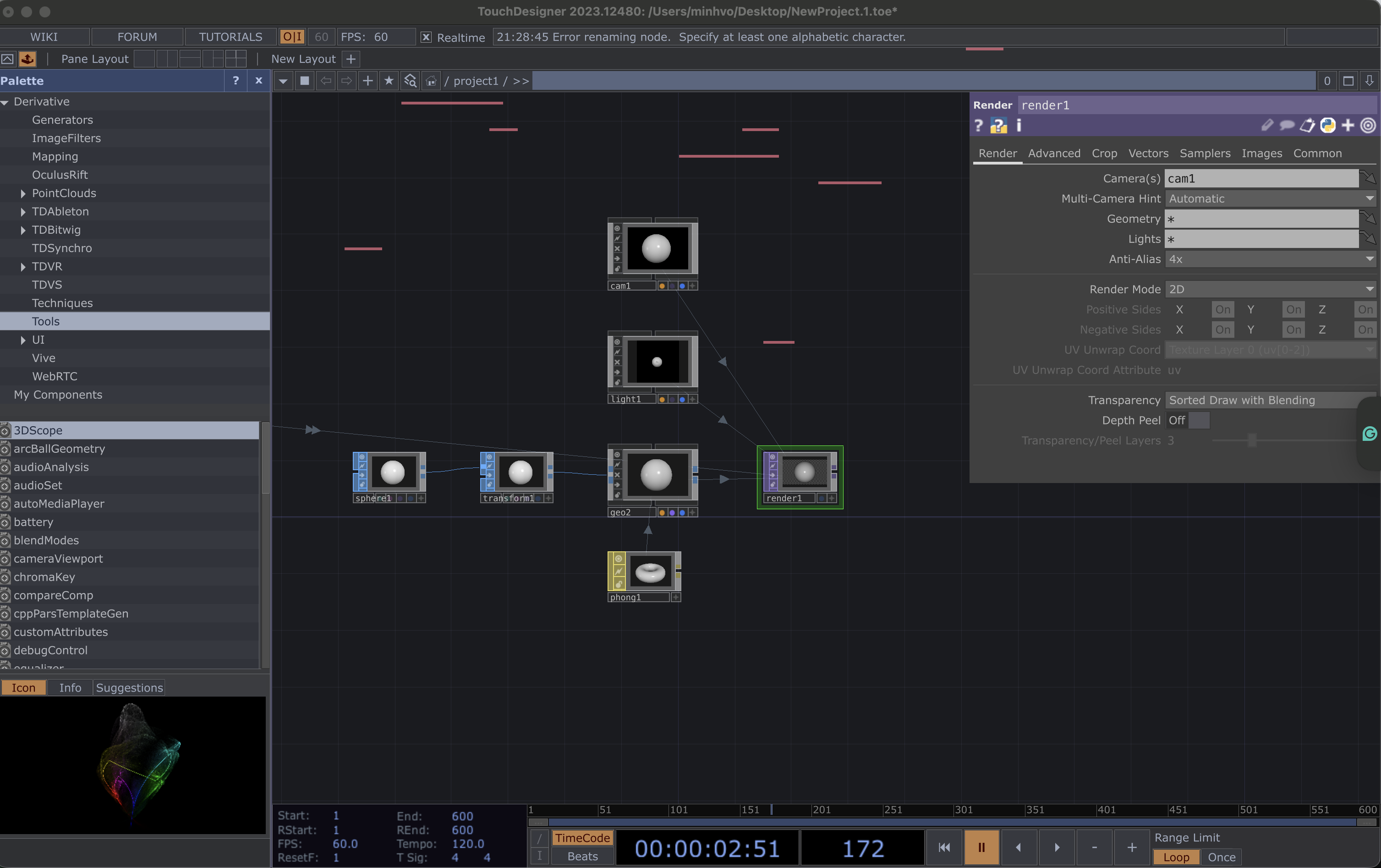 Next, we create something to a 3D Sphere Object to attach the Serial data