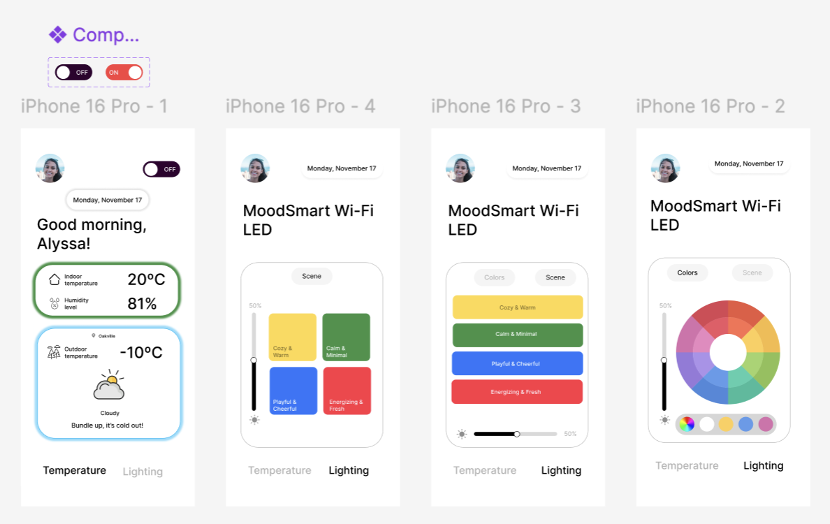 This is my initial interface layout on Figma before running any tests. What is known: the basic structure of the Temperature and Lighting screens, the default indoor/outdoor data display, and the visual options for lighting scenes. What is unknown: how users will understand the comfort indicators, how the temperature display should react to changes, and whether the lighting choices feel intuitive.