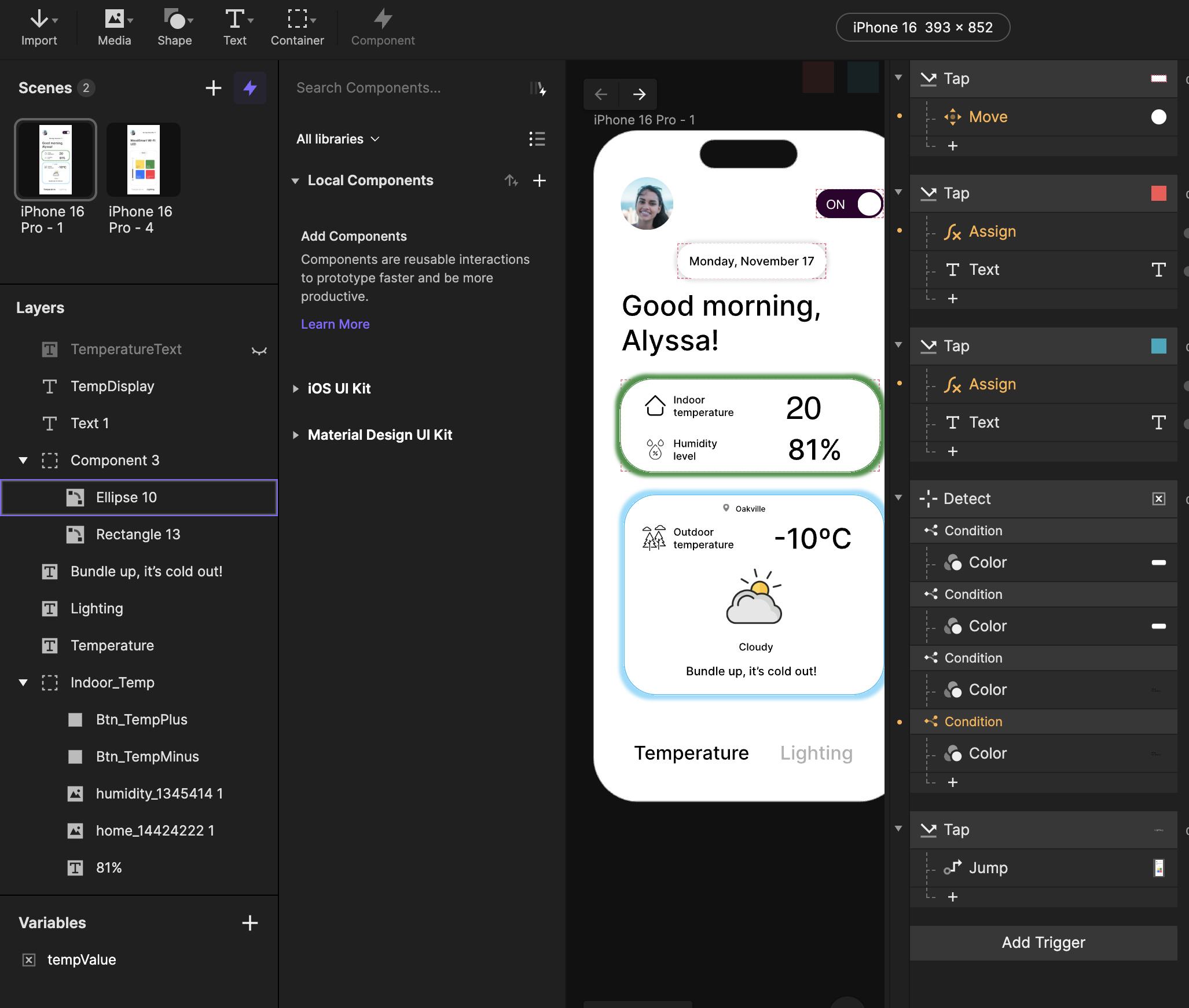 This screenshot displays the variable tempValue that I created to simulate changes in indoor temperature. This variable is a known part of the system (I can control its value), but its behaviour in the UI is unknown at this stage. Through testing, I aimed to understand how updating this variable would impact the temperature display and the comfort colour feedback.