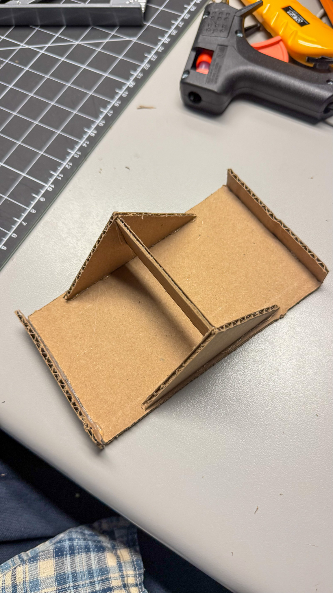 I completed my first prototype structure. While the form successfully stood upright, I quickly realized that the model wasn’t perfectly balanced — one side leaned slightly due to uneven measurements and quick cutting. This outcome reminded me that rapid prototyping is about learning through making, and for the next iteration, I’ll need to measure more precisely to achieve better symmetry and stability.