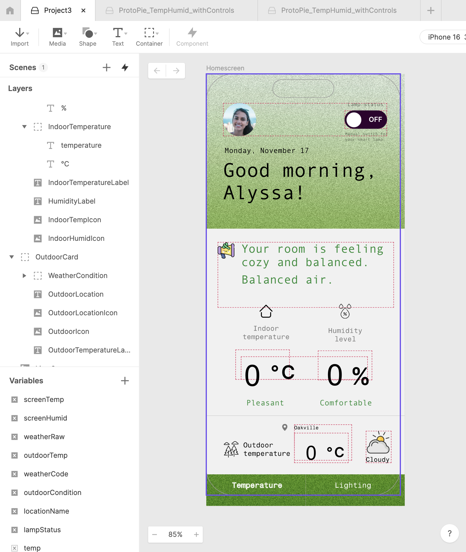 Here captures the very beginning of my prototype testing process. Before I could experiment with any interactions, I needed to organize all the UI elements and confirm which variables would eventually connect to the Arduino sensor. Seeing everything laid out like this helped me understand what I already had control over, such as the screen layout, temperature and humidity labels, and the overall flow of information. It also made me more aware of the unknowns I still needed to figure out, especially how these elements would behave once real data started coming in. This setup became the foundation for the rest of my testing work.