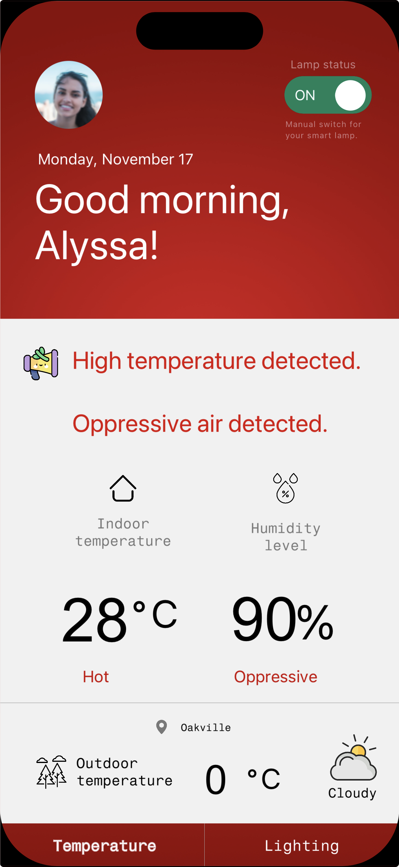 In this test, the live Arduino data shifted to high temperature and very high humidity, which immediately activated the alerts for heat and oppressive air. Seeing both warnings appear together helped me check how the UI handles rapid changes in sensor values. This confirmed that the system responds accurately, but it also showed me that I need to refine how multiple alerts are displayed so the screen doesn’t feel overwhelming when conditions change quickly.