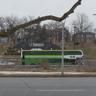 The sound is a steady, low-pitched hum of a GO Transit bus engine, with a consistent mechanical rumble typical of a large vehicle in motion.
